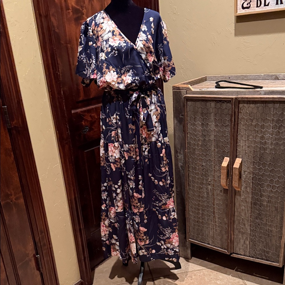 Floral Navy Maxi Dress with Tie Waist